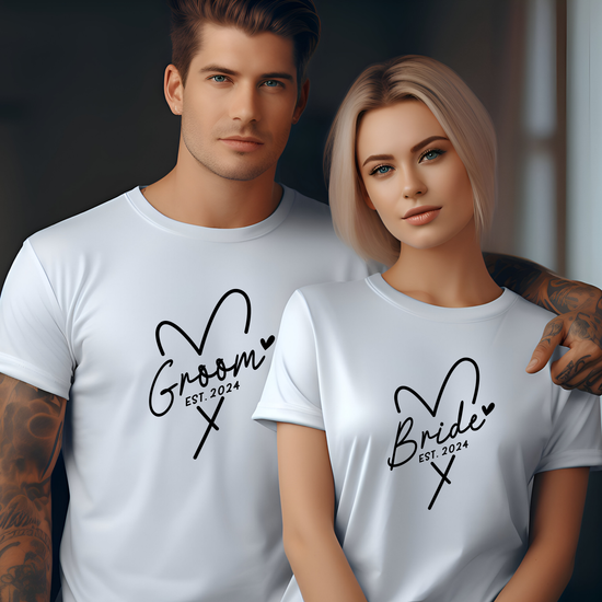 His & Hers Bride/Groom Custom T-Shirts with Heart