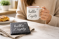 Coffee cup and engraved stone coaster set