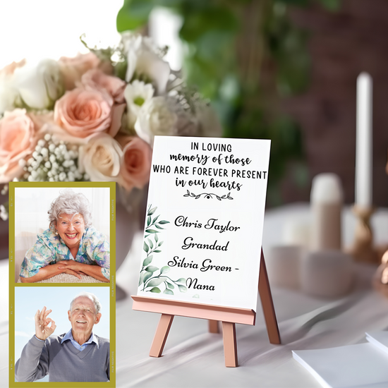 "In Loving Memory" small table sign for weddings, placed beside a photo of passed loved ones. Customizable with names and presented on an aluminum photo easel.
