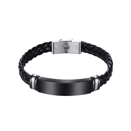 Personalised Braided Leather ID Bracelet | Engraved Stainless Steel Men&