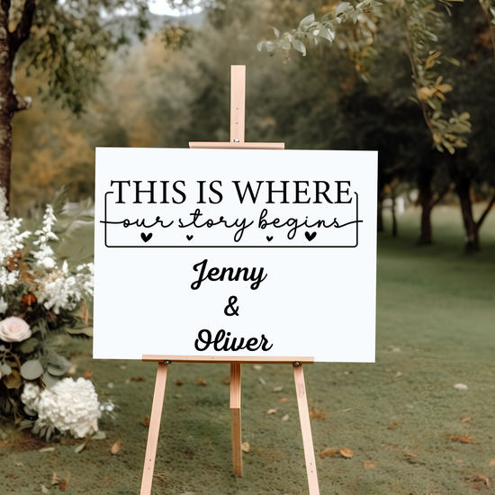 “Customizable ‘This Is Where Our Journey Begins’ wedding sign with couple’s names, available for rental in 24 x 32 acrylic or mirror. Ideal for weddings, receptions, or as a keepsake.
