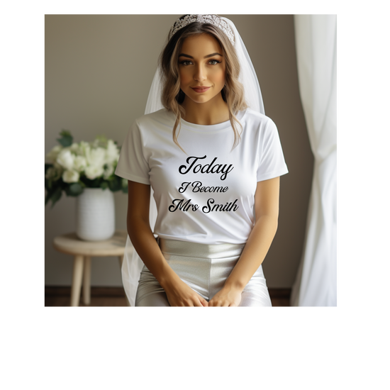 Personalised T shirt – add your new surname to your order available in white colour